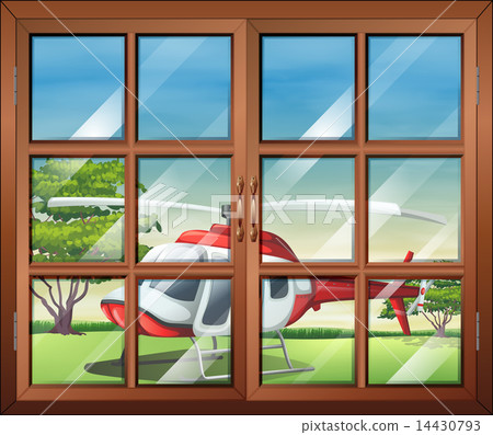 A closed window with a view of the chopper outside A closed window with a view of the chopper outside 14430793