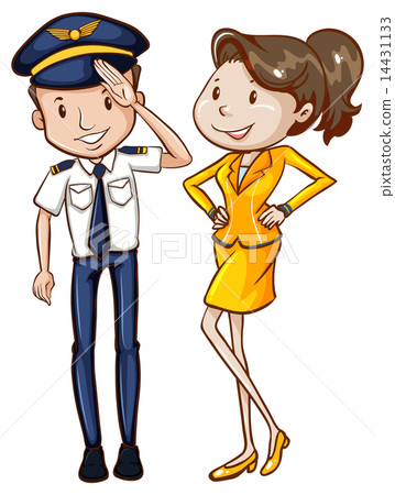 A simple coloured sketch of a pilot and a hostess A simple coloured sketch of a pilot and a hostess 14431133