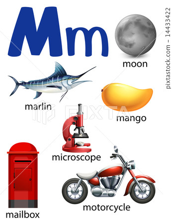 Letter M for moon, marlin, mango, microscope, mailbox and motorc Letter M for moon, marlin, mango, microscope, mailbox and motorc 14433422