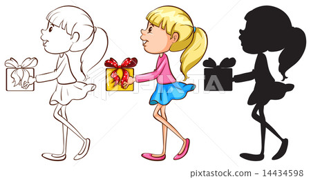 Sketches of a girl holding a gift in different colours 14434598