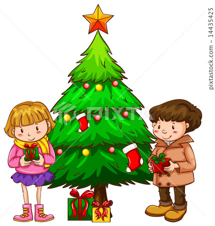 A simple sketch of the kids near the christmas tree A simple sketch of the kids near the christmas tree 14435425