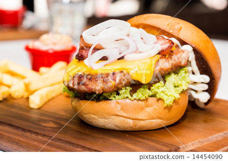 Pork burger with cheese, vegetable and served with Pork burger with cheese, vegetable and served with 14454090