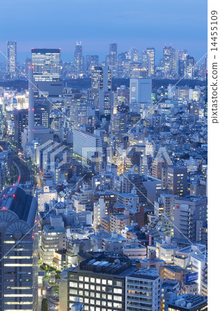 Tokyo city landscape Twilight viewing Shibuya and Shinjuku skyscraper groups 14455109