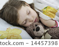 Little girl sleeping in bed with teddy bear 14457398
