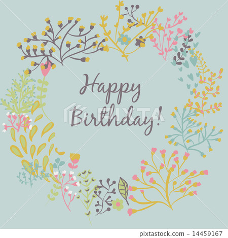 happy birthday greeting card. circle floral frame 14459167