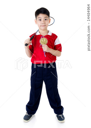 Asian boy in badminton action Asian boy in badminton action 14484964