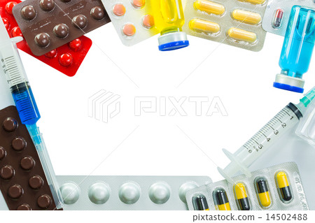 Medical frame of Stethoscope ampoules and syringe Medical frame of Stethoscope ampoules and syringe 14502488