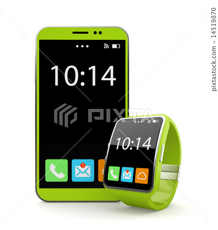 Red smartohone and smart watch on white background 14519870