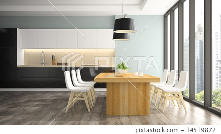 Modern interior of dining room with white chairs 14519872