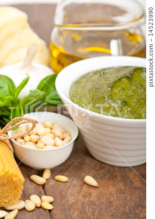 Italian traditional basil pesto pasta ingredients Italian traditional basil pesto pasta ingredients 14523990