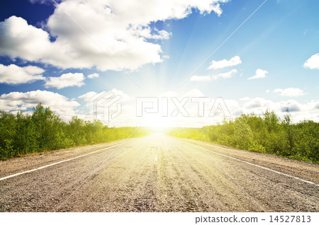 Old asphalt road in green sunset meadow Old asphalt road in green sunset meadow 14527813