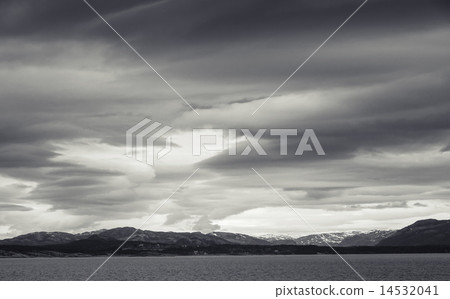 Monochrome Norwegian coastal landscape, dark sky Monochrome Norwegian coastal landscape, dark sky 14532041