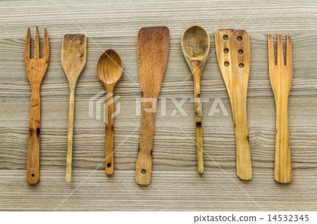 Kitchen wooden utensil of scapula, spoon and fork 14532345