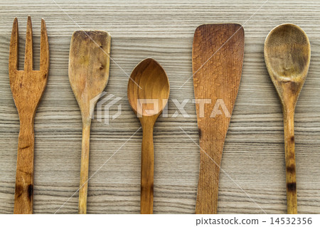 Kitchen wooden utensil of scapula, spoon and fork 14532356