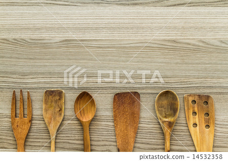 Kitchen wooden utensil of scapula, spoon and fork 14532358