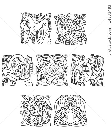 Decorative celtic motifs of animals and birds 14533493