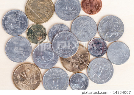 Pile of US coins isolated on white background 14534007