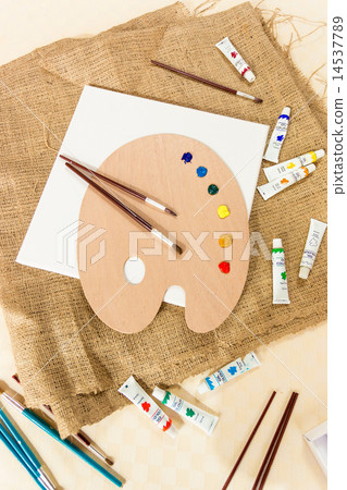 View from top on messy artist working space with of tools View from top on messy artist working space with of tools 14537789