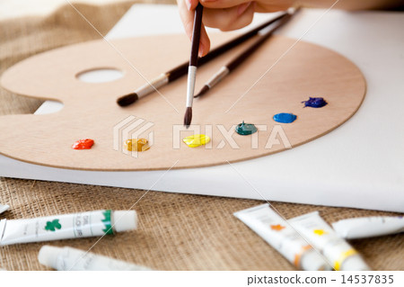 woman holding paintbrush and choosing color on the pallet woman holding paintbrush and choosing color on the pallet 14537835