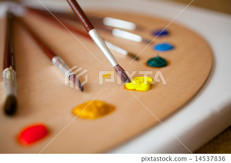 paints on wooden pallet. Focus on paintbrush dipped in yellow pa paints on wooden pallet. Focus on paintbrush dipped in yellow pa 14537836