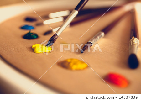 toned photo of paintbrushes lying on palette dipped in oil paint 14537839