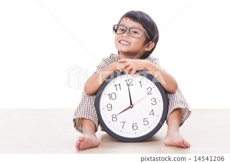 Cute boy is holding big clock  14541206