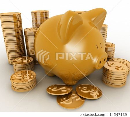 Gold piggy bank and money tower Gold piggy bank and money tower 14547189
