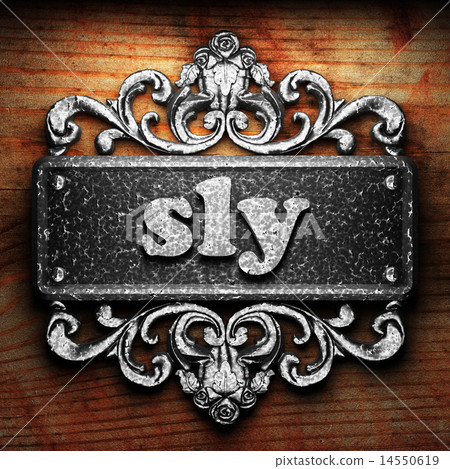 sly word of iron on wooden background 14550619