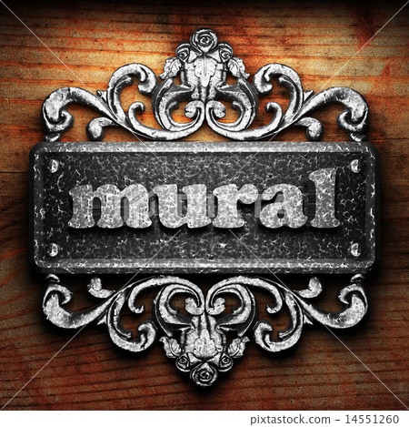 mural word of iron on wooden background 14551260