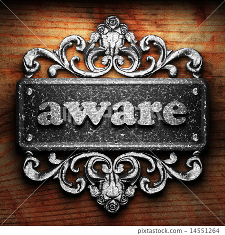 aware word of iron on wooden background 14551264