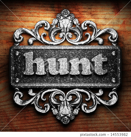 hunt word of iron on wooden background 14553982