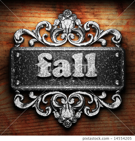 fall word of iron on wooden background 14554205