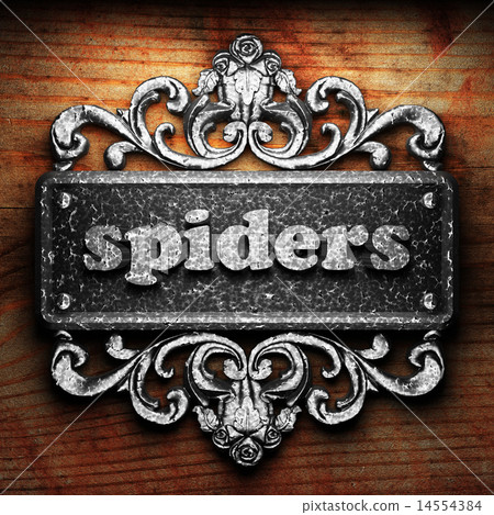 spiders word of iron on wooden background 14554384