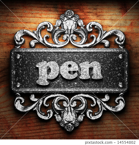 pen word of iron on wooden background 14554802