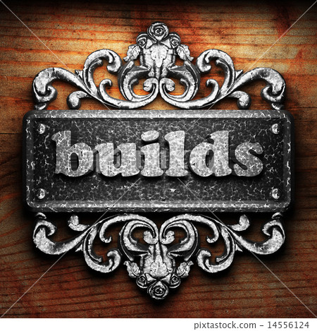 builds word of iron on wooden background 14556124