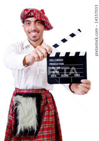 Scotsman with movie board on white 14557033