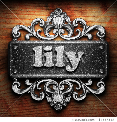 lily word of iron on wooden background lily word of iron on wooden background 14557348