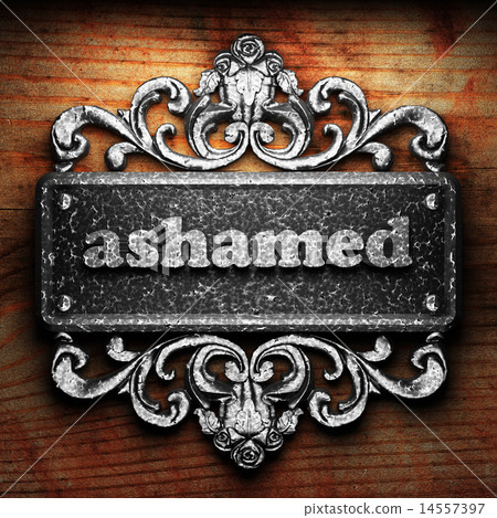 ashamed word of iron on wooden background ashamed word of iron on wooden background 14557397