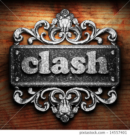 clash word of iron on wooden background 14557401