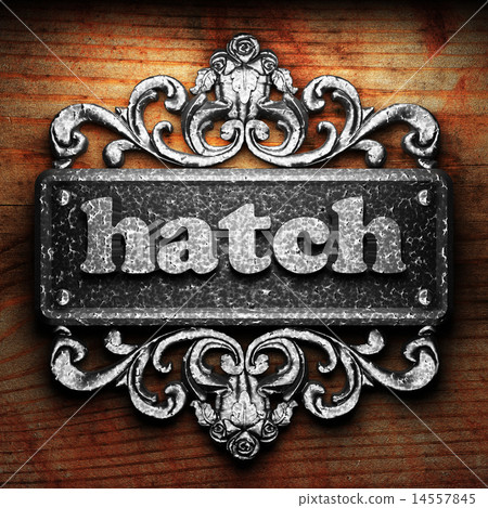hatch word of iron on wooden background 14557845