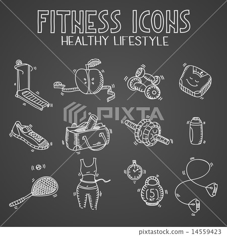 Hand drawn doodle sketch icons set fitness and sport concept healthy nutrition lifestyle, diet on bl Hand drawn doodle sketch icons set fitness and sport concept healthy nutrition lifestyle, diet on bl 14559423