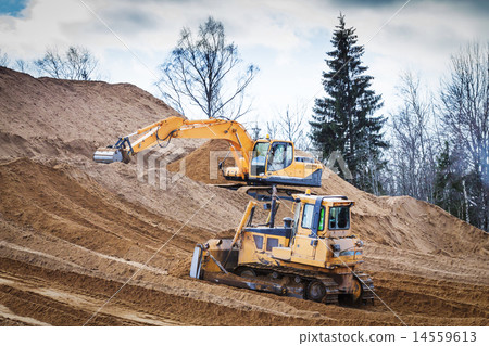 Yellow Excavator and bulldozer at Work in forest 14559613