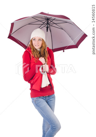 Young woman with umbrella on white 14560815