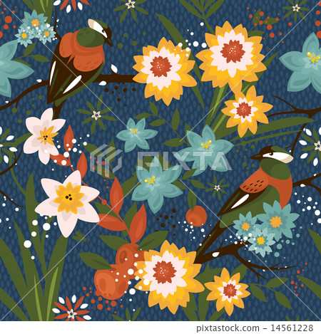 Vintage seamless floral pattern with birds - Stock Illustration ...