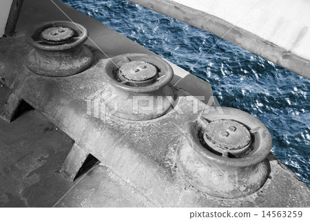 Old grungy rollers for ropes, industrial ship 14563259