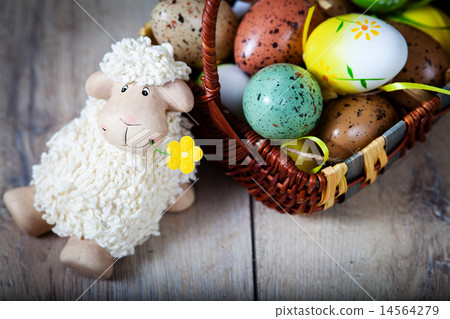 Easter decoration with eggs and cute lamb Easter decoration with eggs and cute lamb 14564279