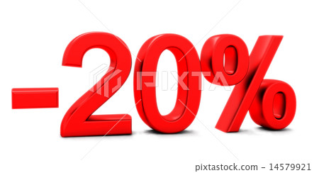 3D rendering of a 20 per cent in red letters on a white 14579921