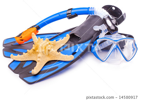 Blue diving goggles,snorkel and flippers. isolated 14580917