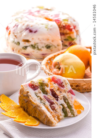 jelly cake with tea and fruit on the table 14581046