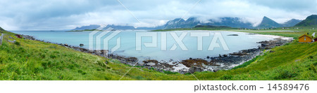 Ramberg beach summer cloudy panorama (Norway, Lofoten). 14589476